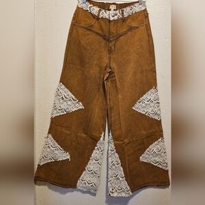 Women's Pol Brown Wide-Leg Jeans with Lace Accents